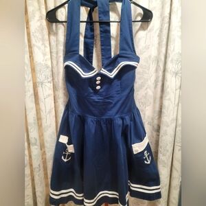 Hell Bunny Vixen Nautical Blue Halter Dress with Anchor Details XL